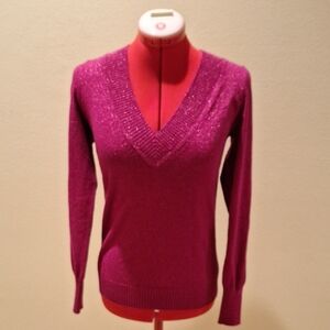Y2K Express Women's V-Neck Sweater - Vibrant Pink Sparkles Size M